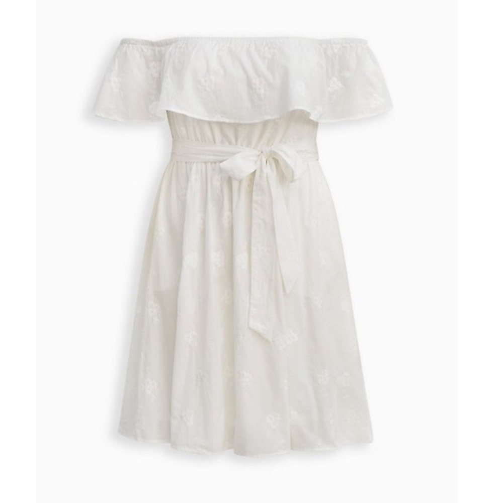 TORRID NWT OFF-THE-SHOULDER TIE-WAIST SKATER DRESS - CHALLIS WHITE EMBRO… - Picture 2 of 5
